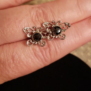 Sterling Silver HEMATITE FILIGREE BUTTERFLY Stud Earrings, Vintage, 16mm x 11.5mm