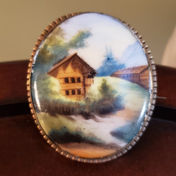 Antique HAND PAINTED PORCELAIN Ceramic Pin Brooch,