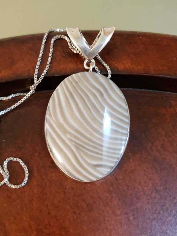 Sterling Silver POLISH FLINT STONE Necklace, Handcrafted, 37x29mm Oval,  Large Open Bale, 18 Box Chain, Unique Piece 