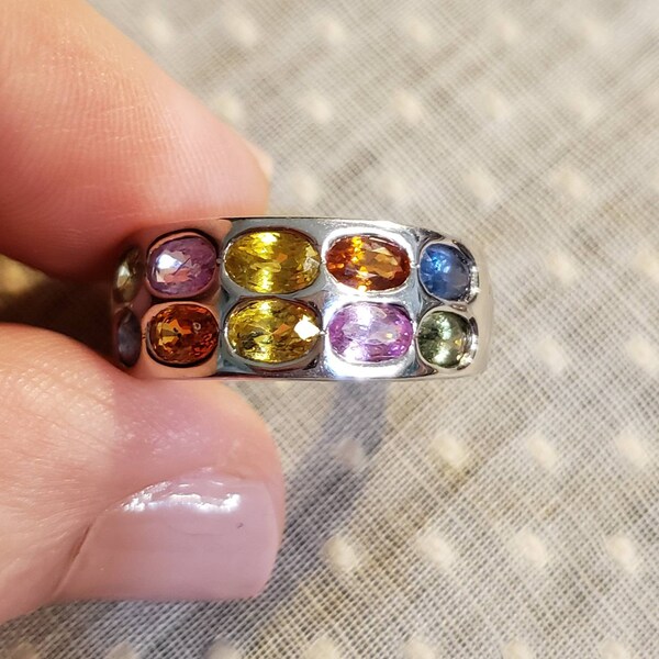 MULTI-COLOR SAPPHIRE Sterling Silver Double Row Band Ring, Size 7, All Burnished Stones - No Prongs, Layered With Platinum, Approx. 6 Cttw.