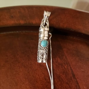 Sterling Silver TURQUOISE KEEPSAKE NECKLACE, Oxidized Balinese Scroll & Bead Work, 1.5" Cylinder With 18" Chain, 5mm Round Gem, *Brand New*