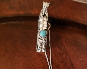 Sterling Silver TURQUOISE KEEPSAKE NECKLACE, Oxidized Balinese Scroll & Bead Work, 1.5" Cylinder Locket With 18" Chain, 5mm Gem, Brand New