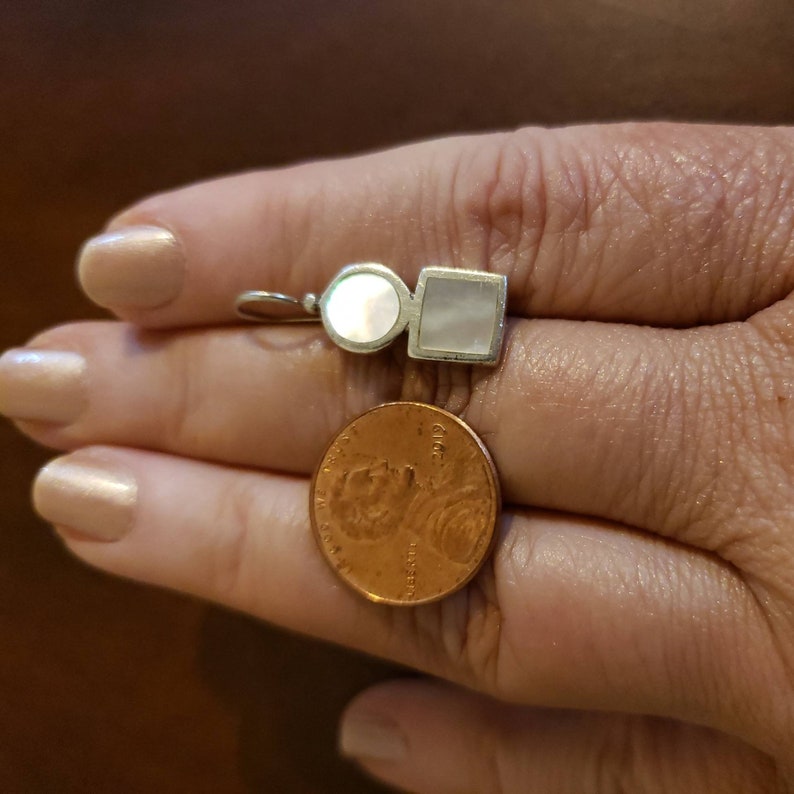 Circle Over A Square 1 Long Sterling Silver WHITE MOTHER Of PEARL Dangle Earrings Made In Thailand