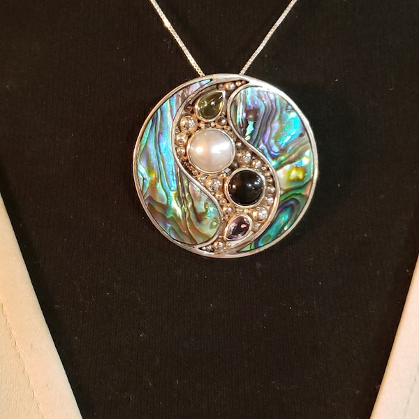 SAJEN Sterling Silver ABALONE PAUA Shell, Pearl, Iolite, Peridot & Amethyst Pin Pendant Necklace, 35mm Round, 20.1 Grams, Includes 18" Chain