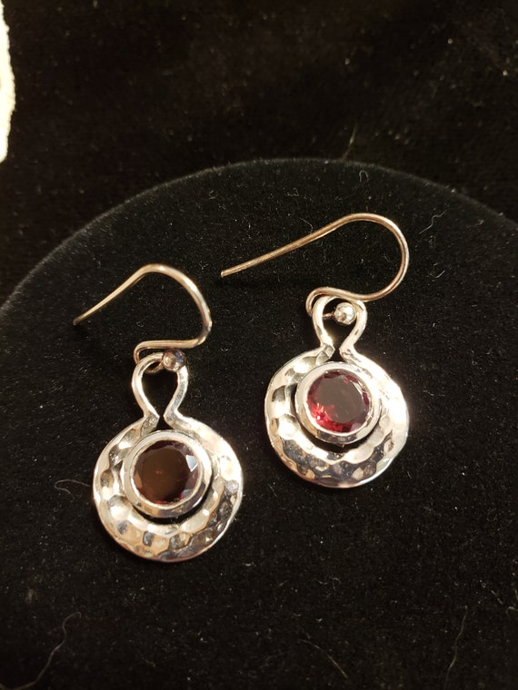 Red Round Garnet Earrings Hammered Sterling Silver Red Round Garnet Earrings Hammered Sterling Silver