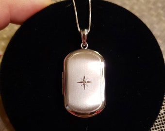 Rounded RECTANGULAR DIAMOND LOCKET Sterling Silver 18" Necklace, Memory Keeper Insert For Photo(s), Lock of Hair, or Cremains, Brand New