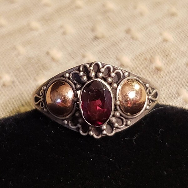 STERLING SILVER GARNET Solitaire Ring, Balinese Scrolls With Polished Rose Gold Accents, Size 6
