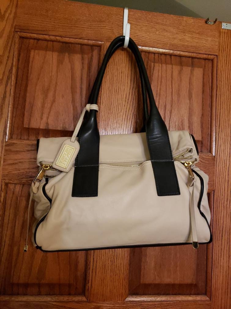BADGLEY MISCHKA Bone Black LEATHER Double Foldover Purse Handbag Gold Hardware Super Soft Leather Many Many Compartments Etsy Israel