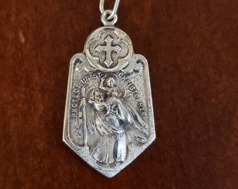 Vintage Sterling SILVER SAINT CHRISTOPHER Protect Us Medal, 20" Chain, True Specialty Medal