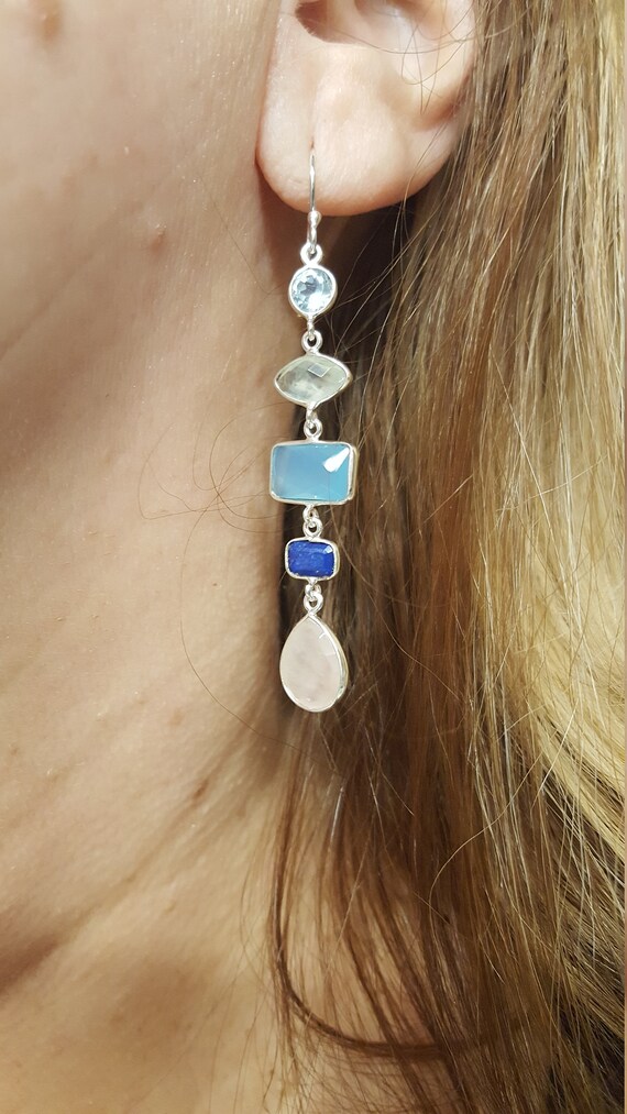 Blue Topaz Prehnite Chalcedony Lapis and Rose Quartz Dangle Earrings Sterling Silver Blue Topaz Prehnite Chalcedony Lapis and Rose Quartz Dangle Earrings Sterling Silver