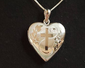 Sterling Silver ENGRAVED HEART LOCKET With Cross Necklace, Memory Keeper For Photos And/Or Cremains, 18" Chain
