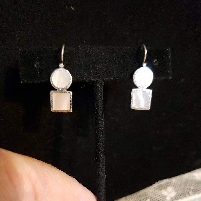 Circle Over A Square 1 Long Sterling Silver WHITE MOTHER Of PEARL Dangle Earrings Made In Thailand