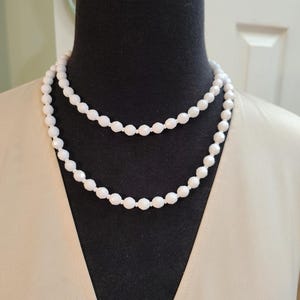 Set Of 2 WHITE MILK GLASS Necklaces, Faceted 8mm Beads, 17&quot; & 21&quot; Long, Nice Vintage, Can Be Attached Together For A Long 38&quot;