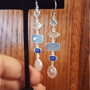 Blue Topaz Prehnite Chalcedony Lapis and Rose Quartz Dangle Earrings Sterling Silver Blue Topaz Prehnite Chalcedony Lapis and Rose Quartz Dangle Earrings Sterling Silver