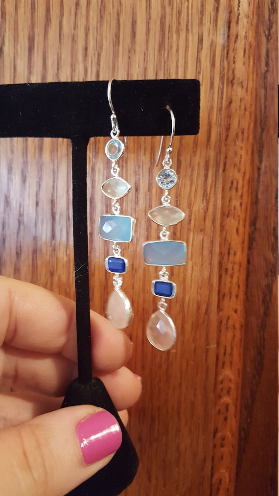 Blue Topaz Prehnite Chalcedony Lapis and Rose Quartz Dangle Earrings Sterling Silver Blue Topaz Prehnite Chalcedony Lapis and Rose Quartz Dangle Earrings Sterling Silver