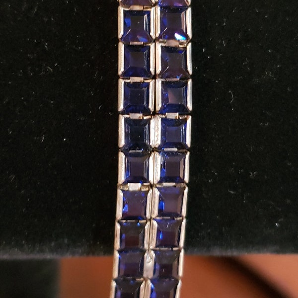 Antique Sterling Silver Square-Cut SAPPHIRE BLUE CRYSTAL 2-Row Bracelet, Petite 6.25" Long, 9.4mm Wide, 15.2 Grams, Very Cool Clasp