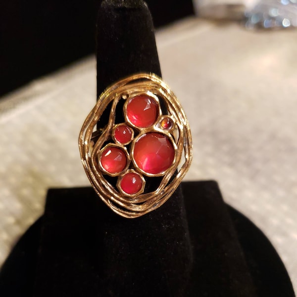 Gold Over Sterling Silver Faceted CARNELIAN Nest Ring, Made In Israel By Lirm, Size 9