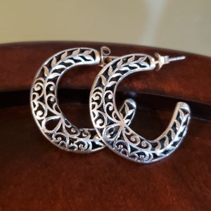 Sterling Silver Puffed HOOP Earrings, Scrolled & Pierced, 1 5/16&quot; Round, Posts With Butterfly Backs