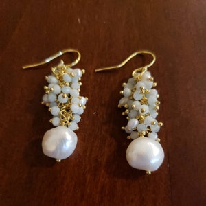 AQUAMARINE And PEARL DANGLE Earrings, Gold Over Sterling Silver, 1 3/4&quot; Long, Bottom Pearl is 11mm, Brand New