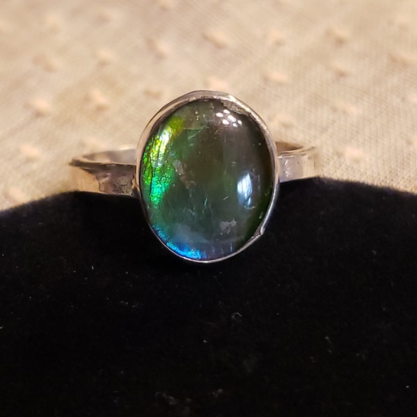 Sterling Silver Genuine CANADIAN AMMOLITE Ring, All Natural Gemstone, 12x10mm Oval, Size 8, Lots Of The Elusive Blue!