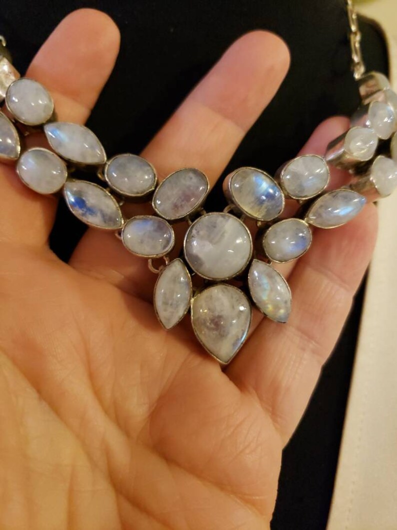 18 Long Toggle Clasp Sterling Silver RAINBOW BLUE MOONSTONE Mosaic Bib Necklace
