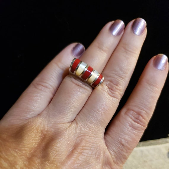Sterling Silver INLAID RED CORAL & White Mother O… - image 6