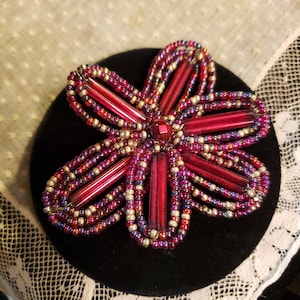 Vintage JOAN RIVERS Beaded Flower Pin Brooch, Red, Purple & Gold Beads, 2.5&quot; Across, Lightweight