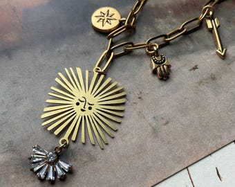 Celestial Charms-ketting, ketting zon en maan, Miss Sunshine-ketting, ambachtelijke ketting, Wanderer-ketting, Sunburst-ketting