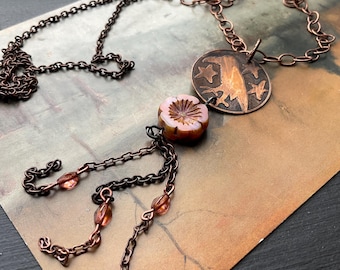 Collier corbeau, collier artisanal, collier de style vintage, collier Hibiscus, collier en cuivre