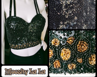 Bustier Corset Basque Bra top, Encrusted with black beads sequins Burlesque size 8/10