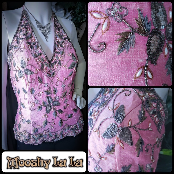 Pink shantung silk, halter corset style top embellished, Burlesque style, Boho, Festival, Ibiza, Party. UK 10/12 Adjustable