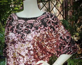 Dramatic dazzling pink and black sequin beaded silk top. 1980's, dolman sleeves
