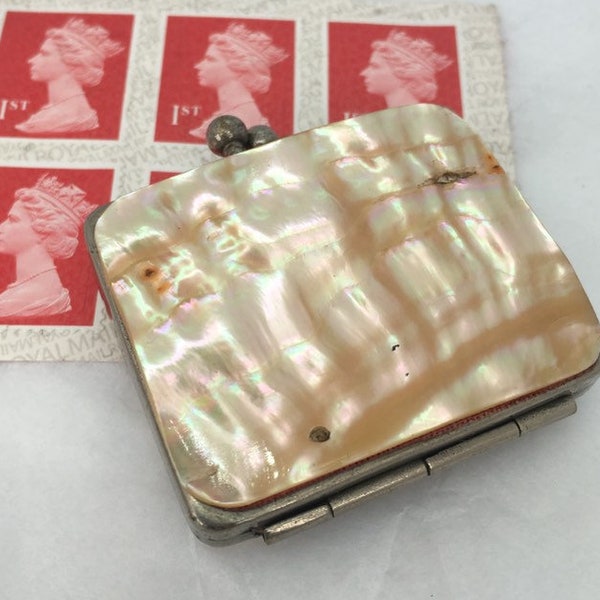 Antique coin/stamp purse Mother of Pearl Abalone metal souvenir keepsake