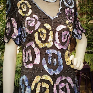 Vintage 80s Sequin Embellished Silk Top - Size S