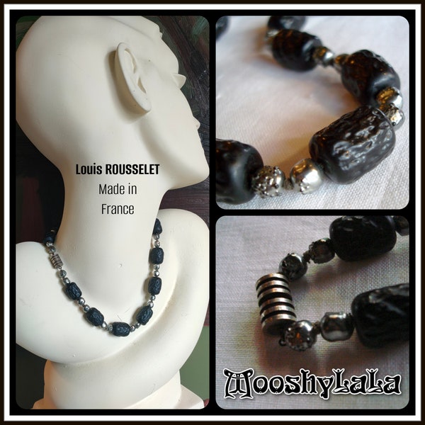 Louis Rousselet Deco, Rare, Black Matt, Pate-de-Verre Beads, Silver Metal Screw Clasp Made in France.