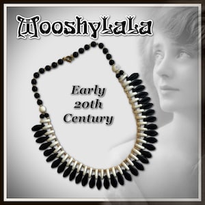 Vintage Early 20th Century German Milk Glass Beaded Choker Necklace Black & White