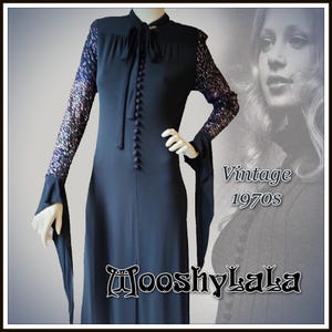 Early 70s - Vintage Maxi Dress - Blue Black - Sequinned Medieval Sleeve - Side Pockets - RARE - Ossie - Biba -unlabelled