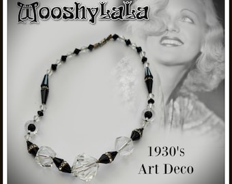 Gargantilla Art Déco de Cristal Antigua: Collar de Azabache Francés, Estilo Gatsby de los años 20