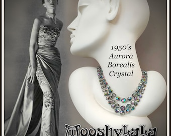 Rainbow Aurora Borealis Triple Strand Crystal Necklace 1950s