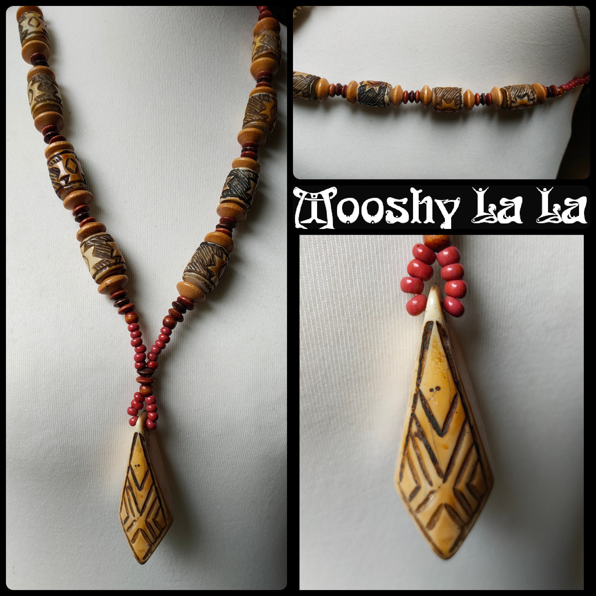 Vintage Hand-Carved Bovine Bone, tribal pendant beaded necklace - Natural colour- cinnamon glass, wood  beads