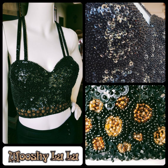 Bustier Corset Basque Bra Top, Encrusted With Black Beads Sequins