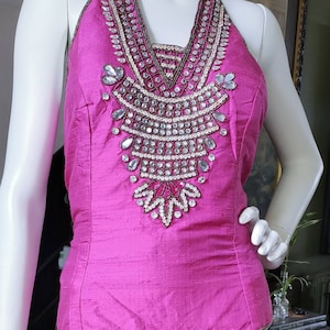 Cerise Bohemian, Halter Top - Shantung Silk, Rhinestone Embellished, Festival, Burlesque,Party, Ibiza