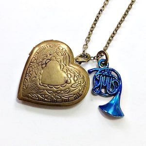 Robin Scherbatsky Heart Locket Necklace | blue French horn charm | something old & blue | How I Met Your Mother | HIMYM TV show