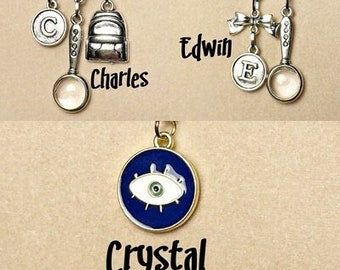 Detective Necklaces | Charles Edwin Crystal | dead boy ghost psychic cosplay costume | magnifying glass, backpack, bowtie, eye charms