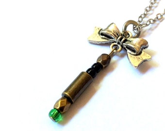 11th Doctor's Necklace Inspired by Doctor Who | bow tie and green sonic screwdriver charms