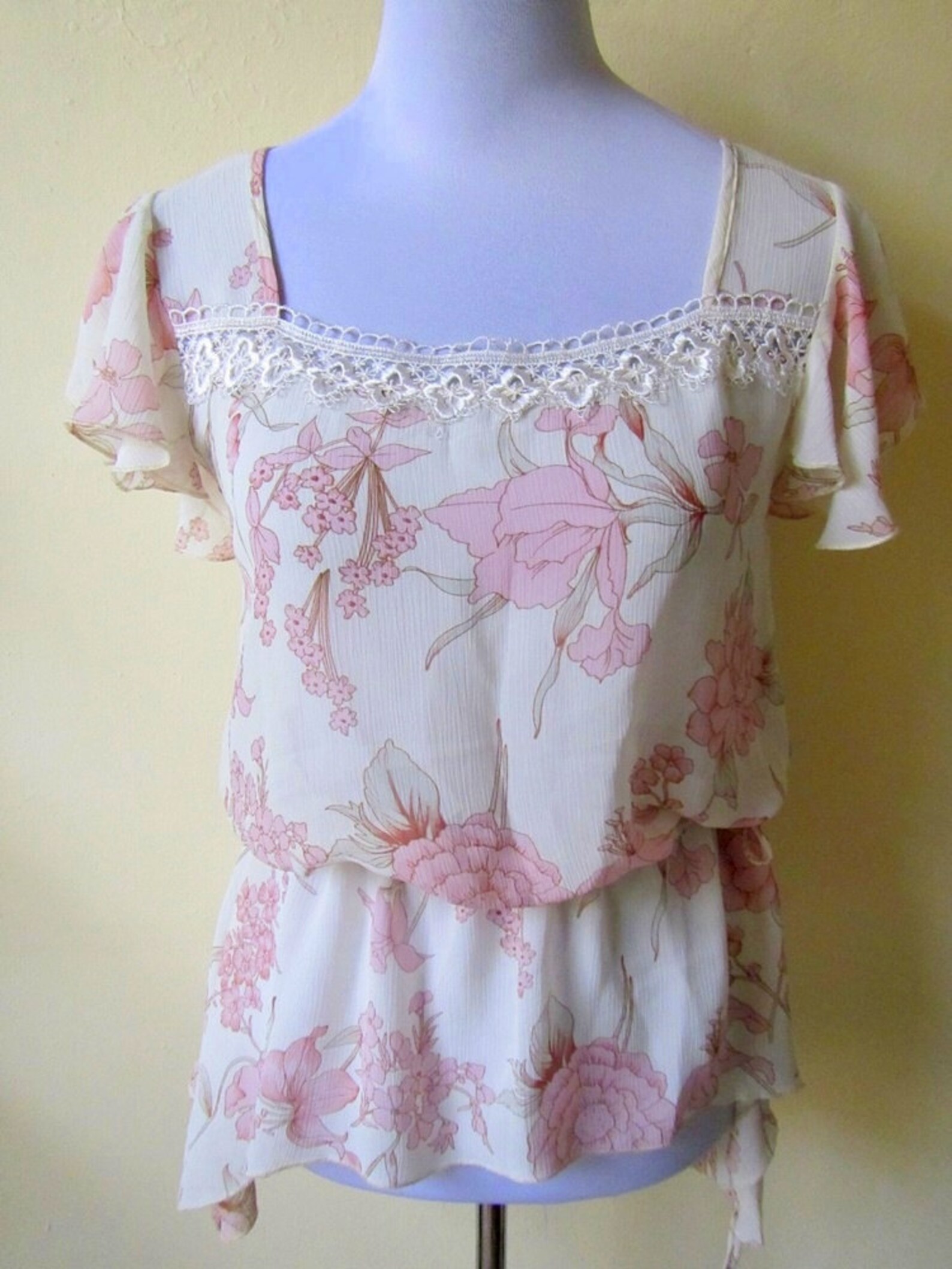 Floral Blouse Sheer Ivory White and Pastel Pink Blousy Top - Etsy