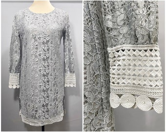 Gray Lace Shift Dress | pullover long sleeves | floral embroidery | small to medium