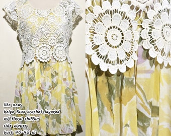 Yellow Floral Mini Dress | layered with faux crochet in beige | flowy fit & flare | medium to large