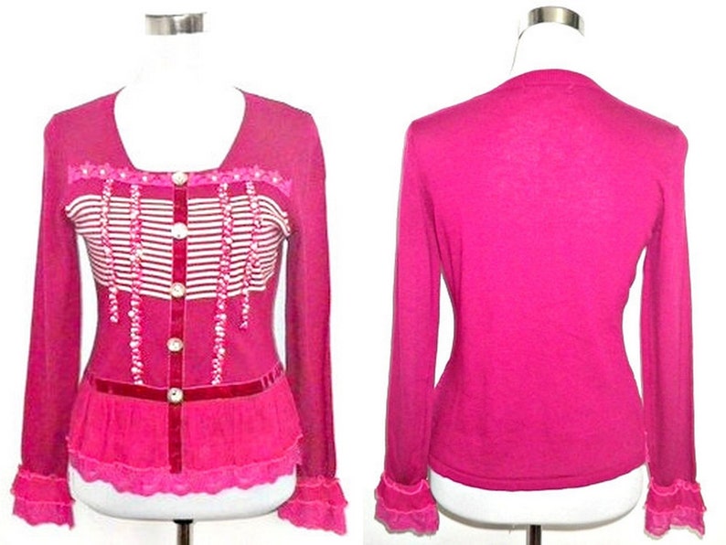 Sale: fuchsia pink pullover striped long sleeved top with lace and embellishments free size