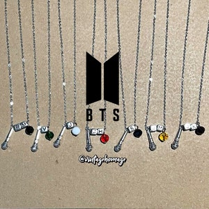 BTS Microphone Necklace | mic charm with colored crystal and letter block initial